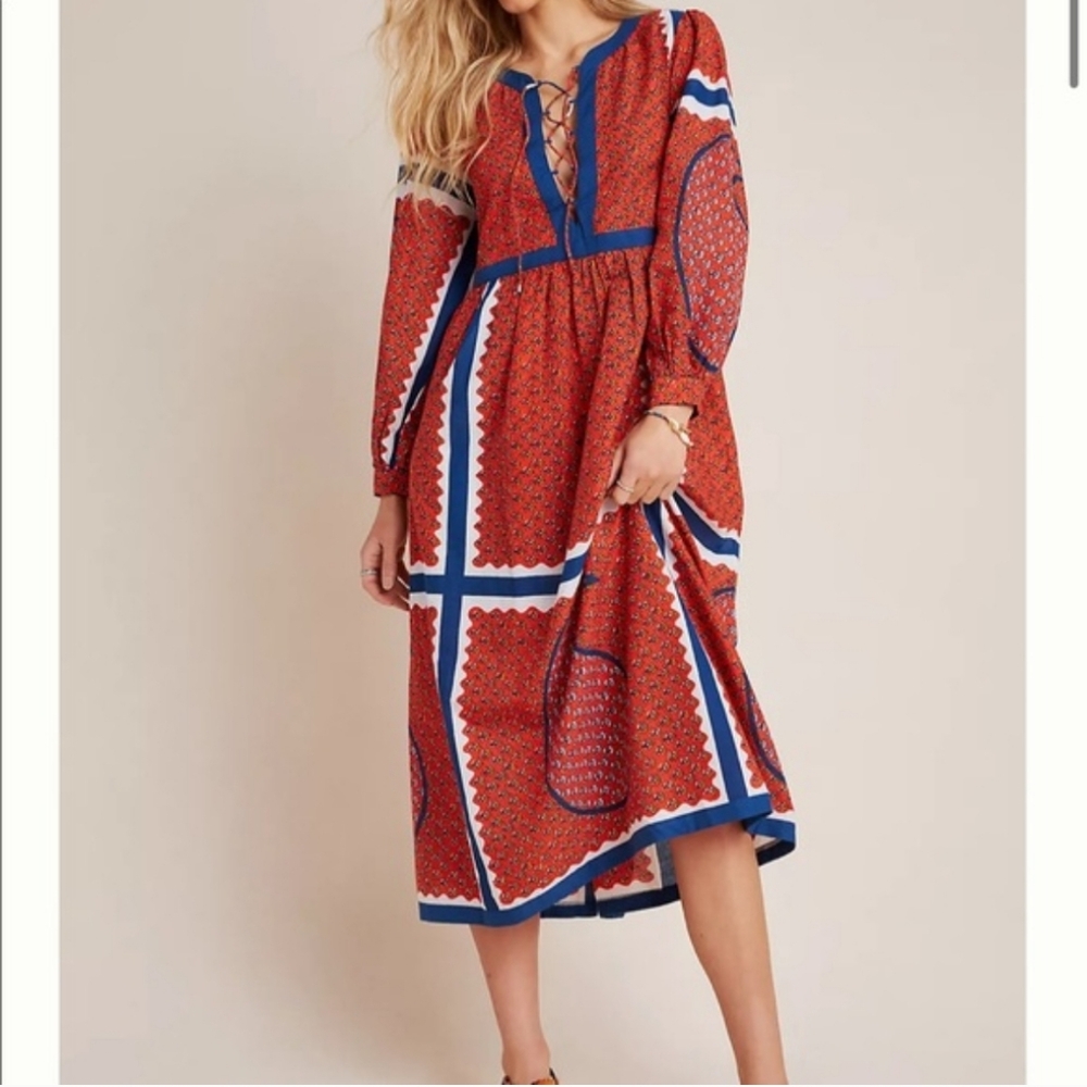 Antik Batik Gisele Red and Blue Long Sleeve Cotton Dress Size Small